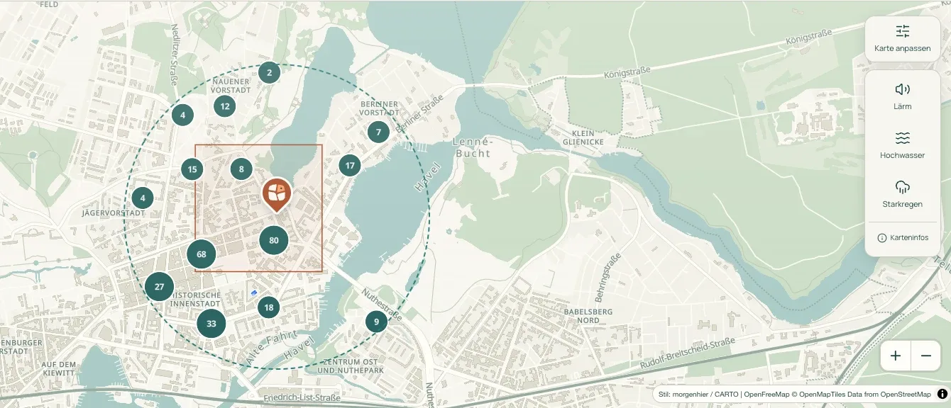 Beispielansicht der morgenhier-Karte in Potsdam mit Suchergebnissen und Ortsmarkierungen.
