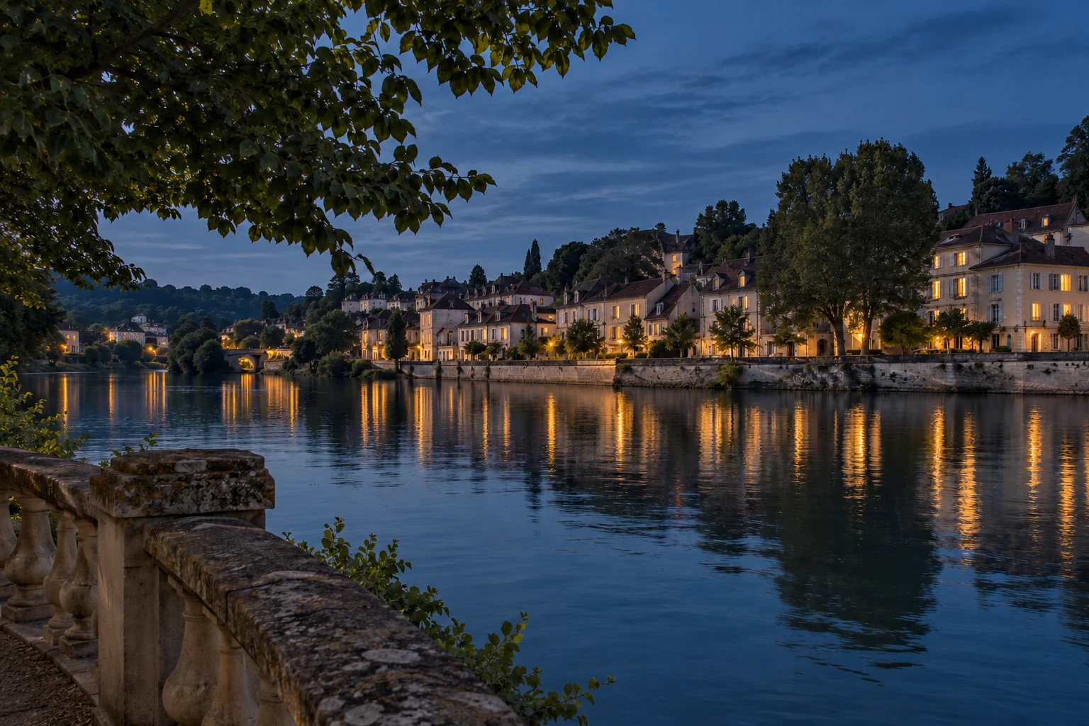 Blick über einen Fluss auf eine fiktive Uferbebauung.