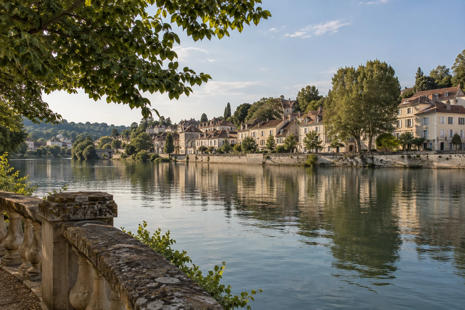 Blick über einen Fluss auf eine fiktive Uferbebauung.