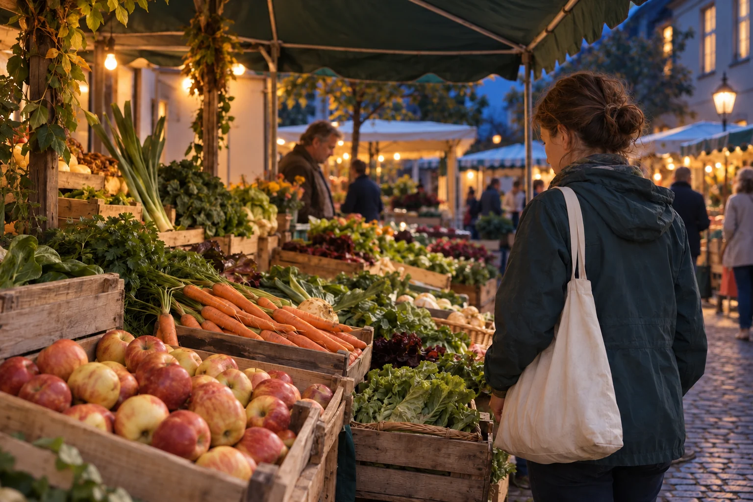 Eine Person betrachtet Obst und Gemüse an einem Marktstand.
