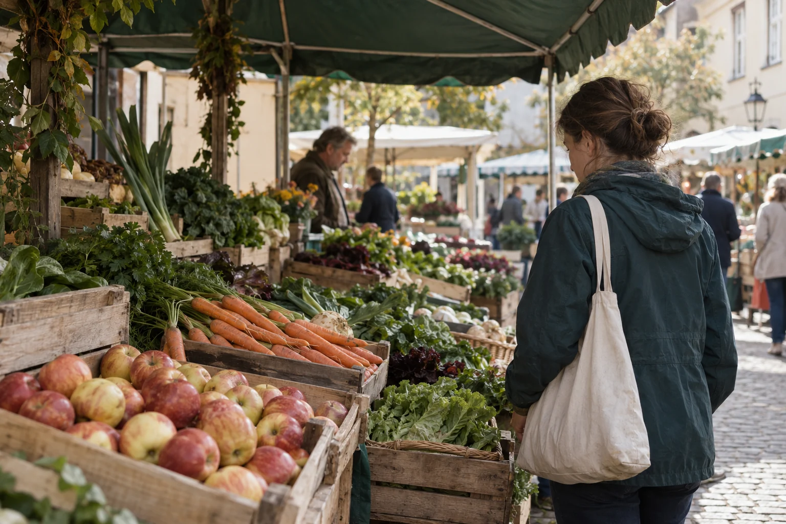 Eine Person betrachtet Obst und Gemüse an einem Marktstand.