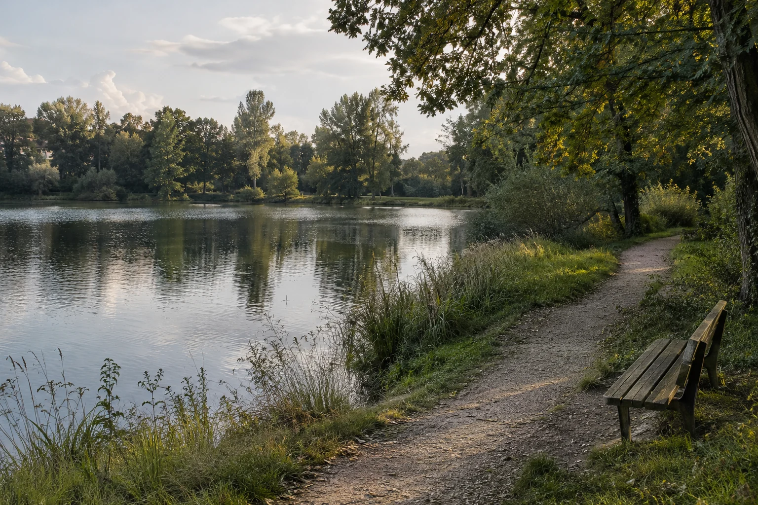 Eine Holzbank steht neben einem Weg am bewaldeten Seeufer.