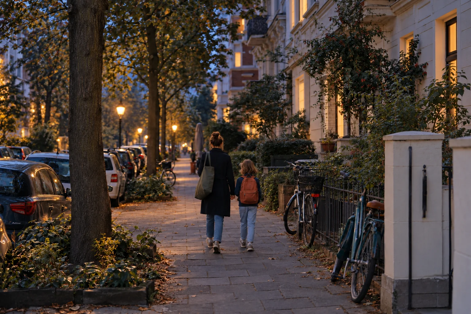 Eine erwachsene Person und ein Kind gehen durch eine baumbestandene Wohnstraße.