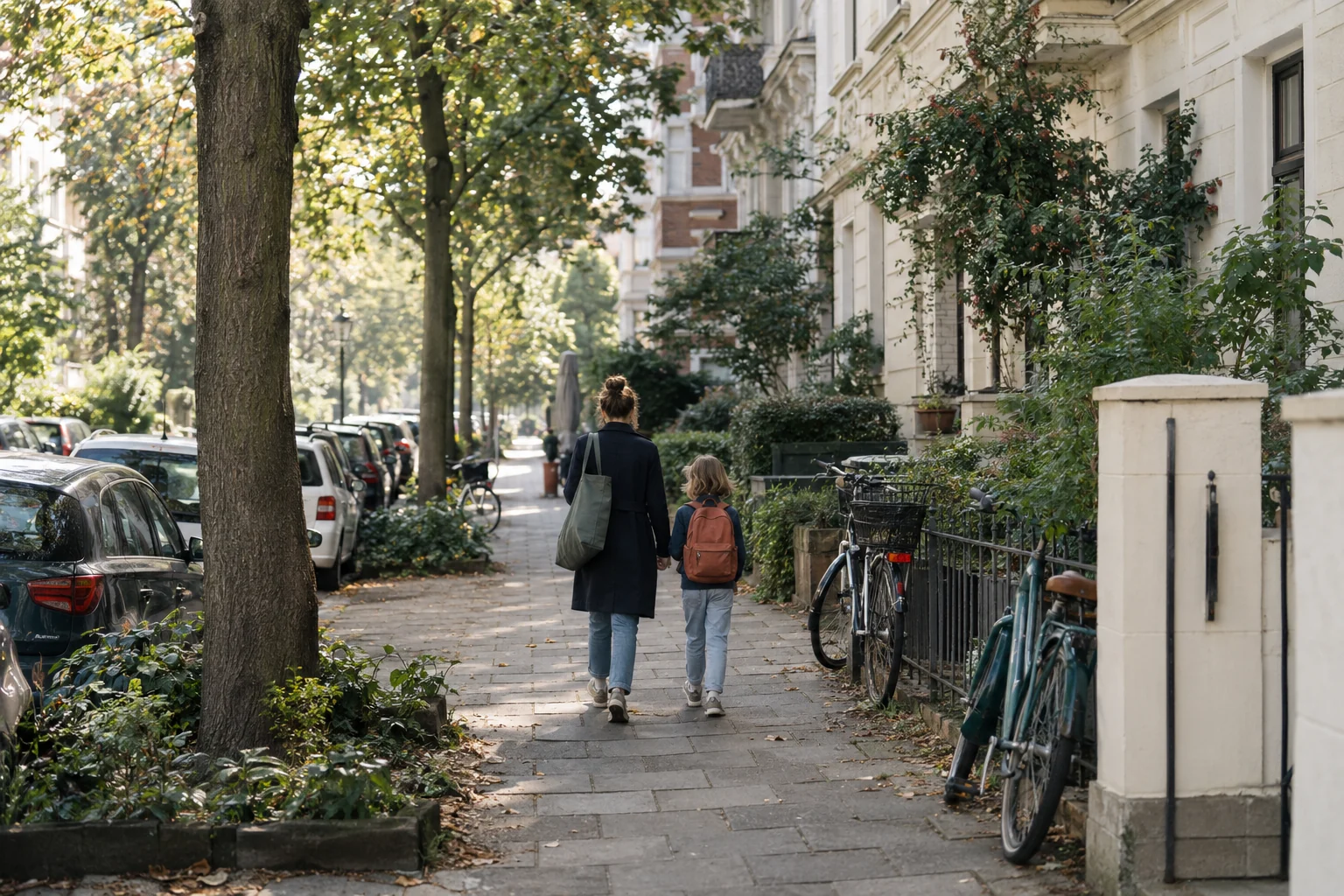 Eine erwachsene Person und ein Kind gehen durch eine baumbestandene Wohnstraße.